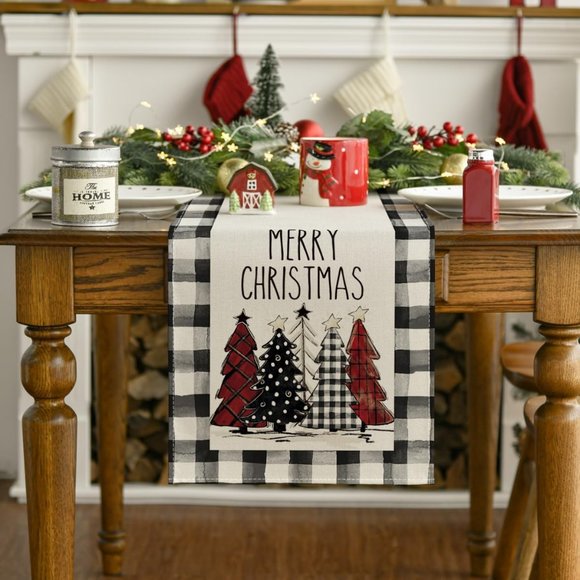 13 x 72 Inch Waterclor Buffalo Plaid Christmas Trees Table Runner Home Decor - Picture 3 of 10